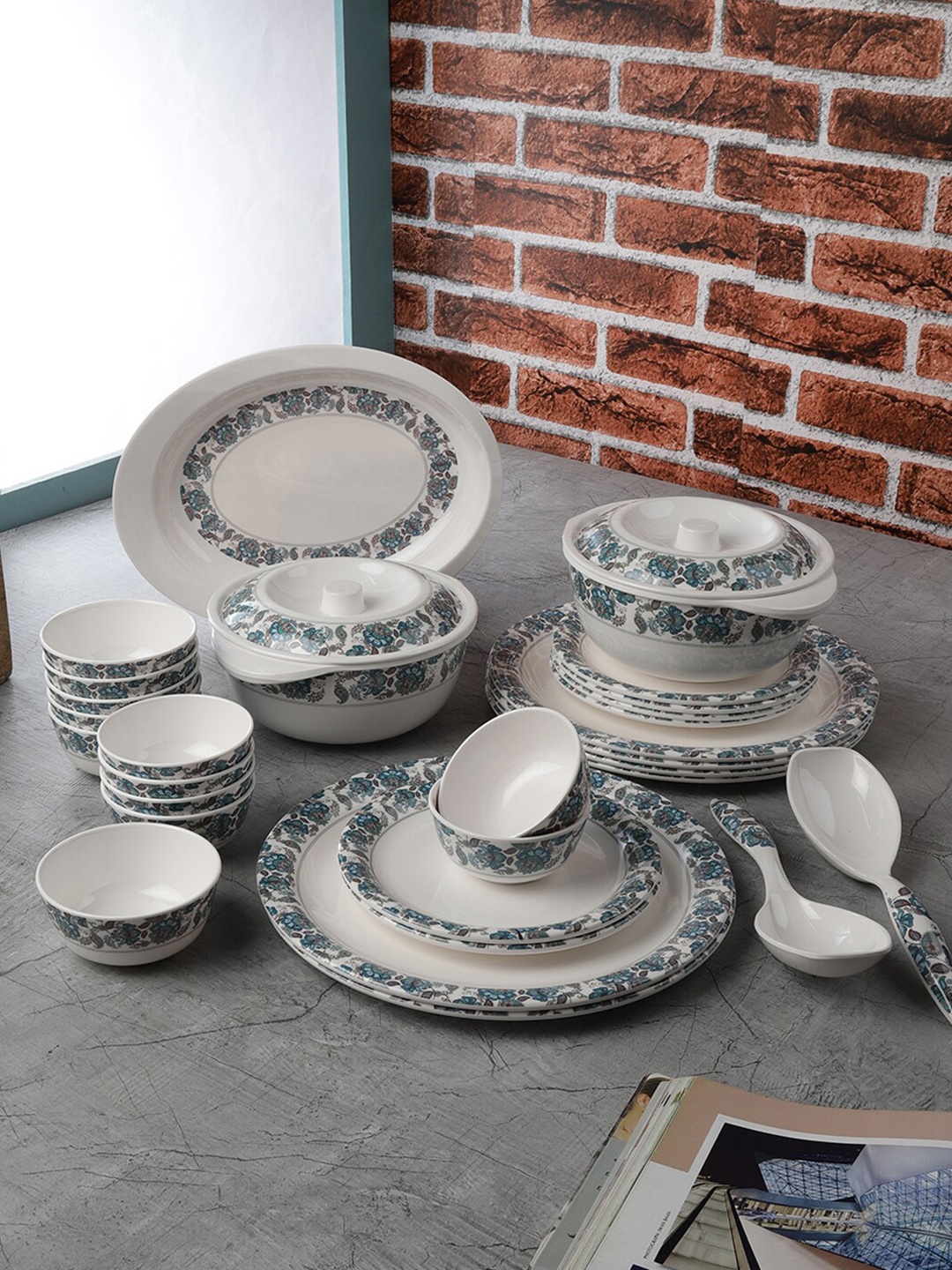 

Servewell Pack Of 31 White Printed Melamine Round Dinner Set