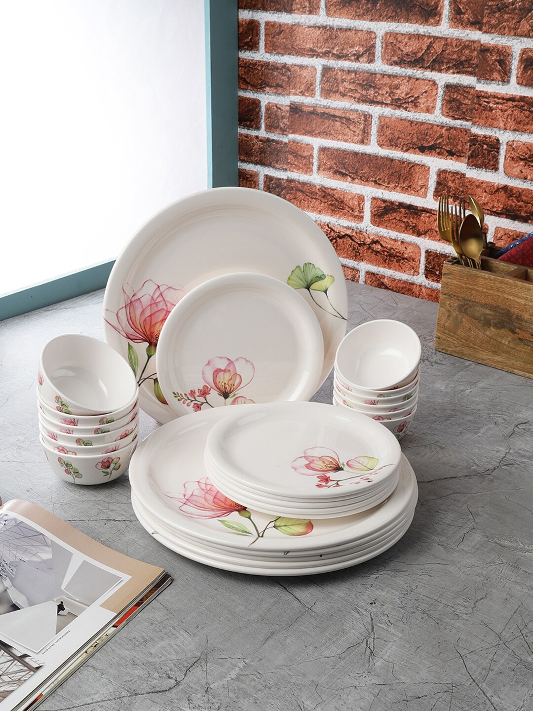 

Servewell Pack Of 24 White Printed Melamine Round Dinner Set