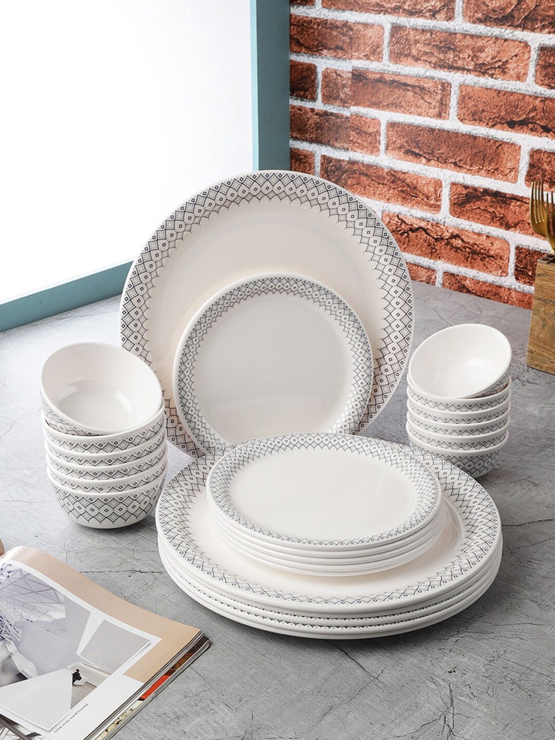

Servewell Pack Of 24 White Printed Melamine Round Dinner Set