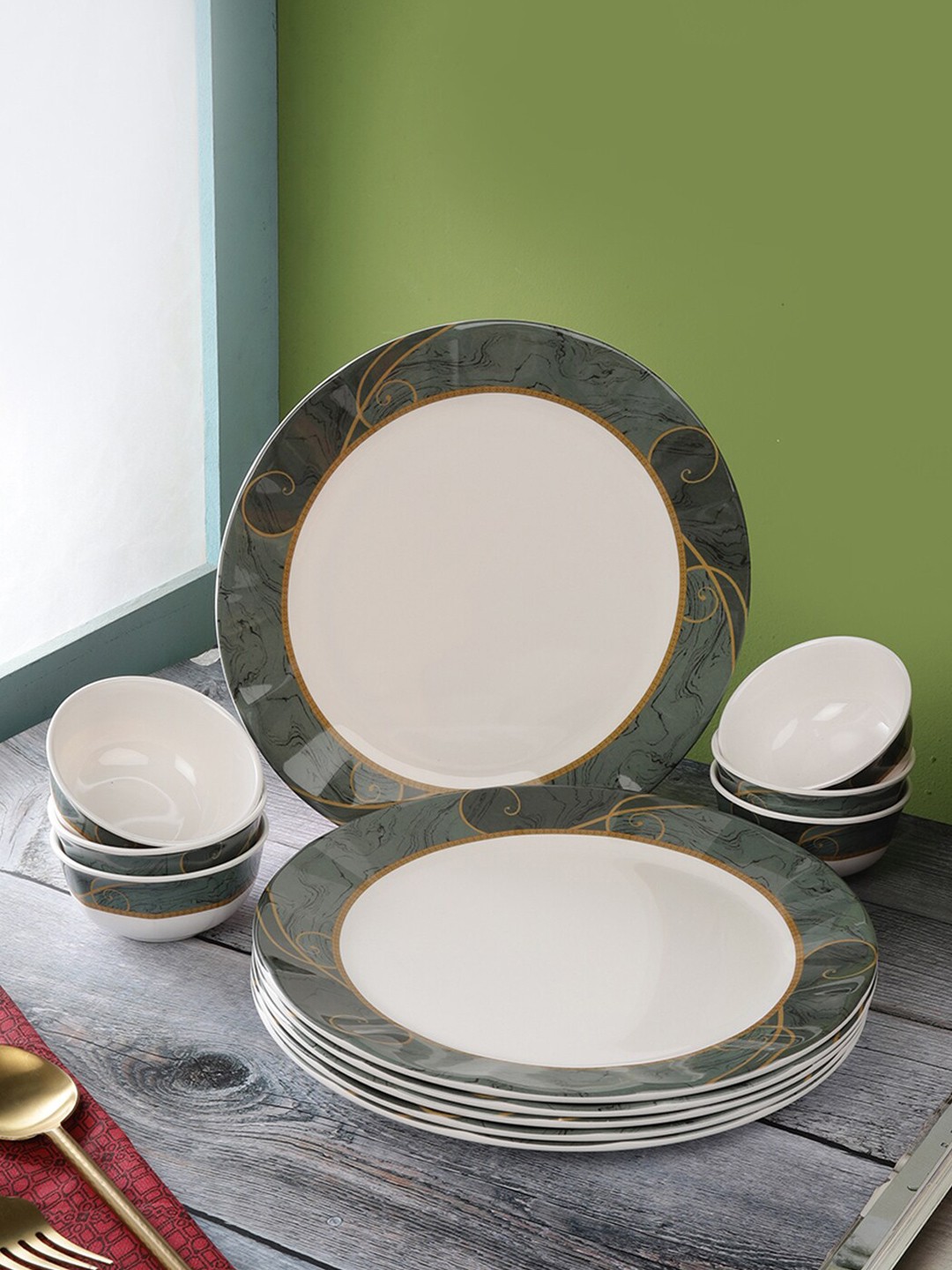 

Servewell Pack Of 12 White & Grey Printed Melamine Round Dinner Set