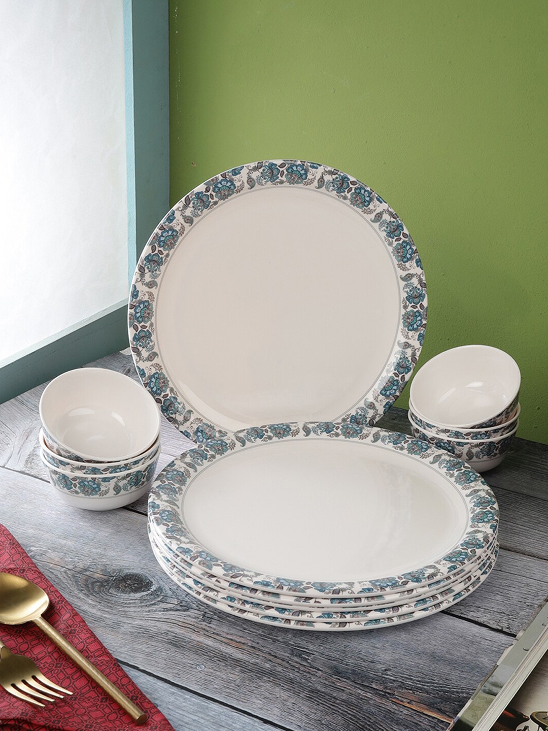 

Servewell Pack Of 12 White Printed Melamine Round Dinner Set