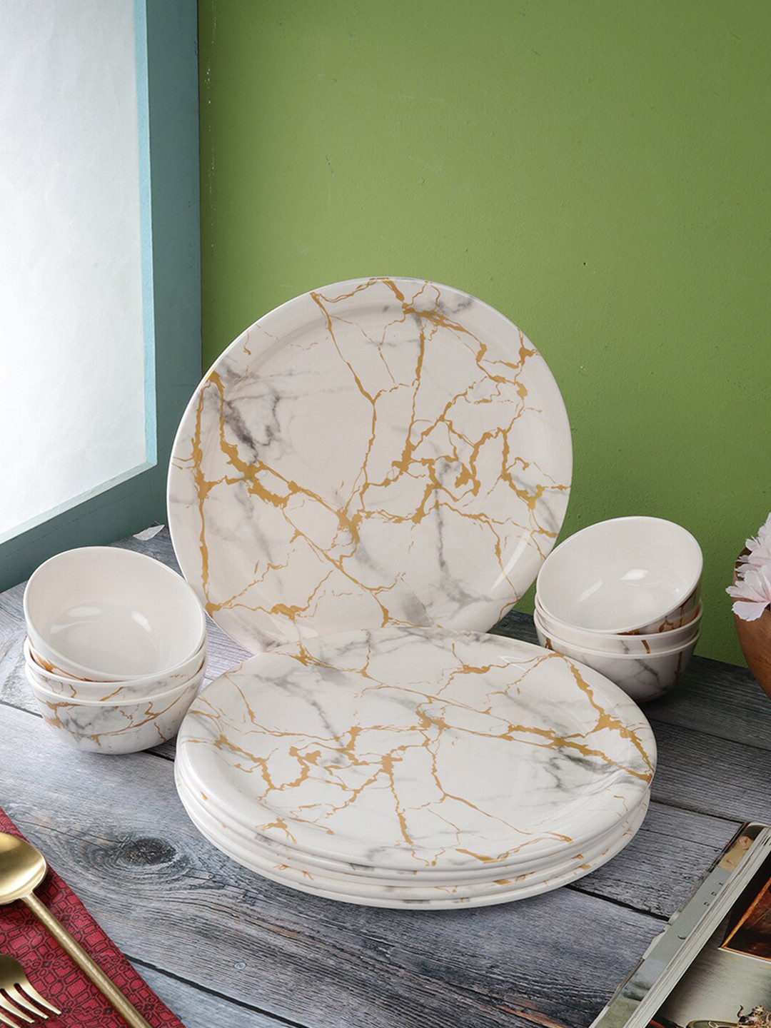 

Servewell Pack Of 12 White & Gold-Toned Printed Melamine Round Dinner Set