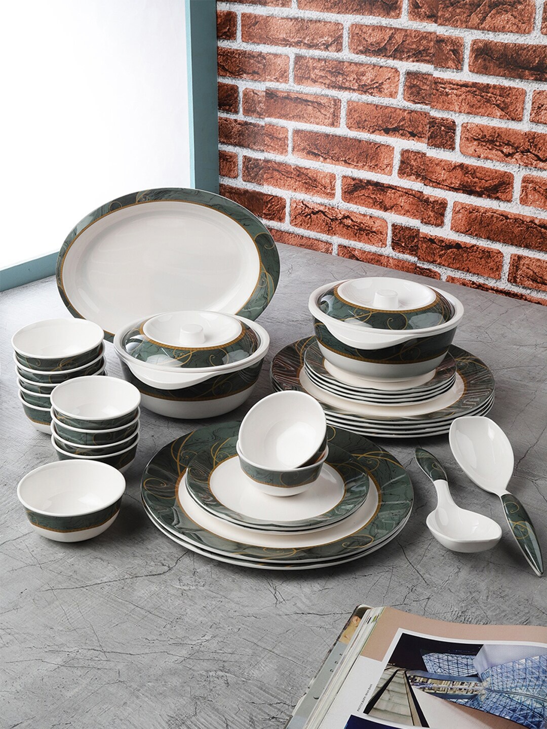 

Servewell Pack Of 31 White Printed Melamine Round Dinner Set