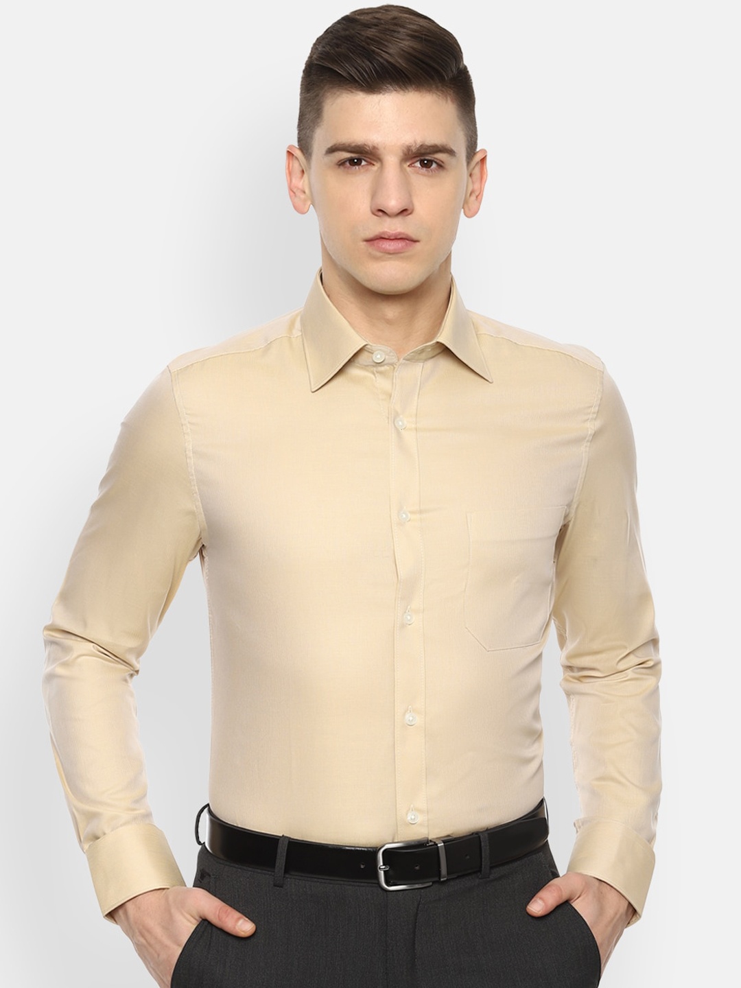 

Louis Philippe Men Beige Solid Cotton Formal Shirt