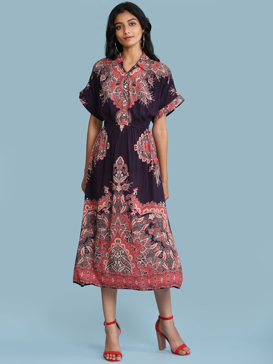 

aarke Ritu Kumar Burgundy & Red Ethnic Motifs A-Line Midi Dress