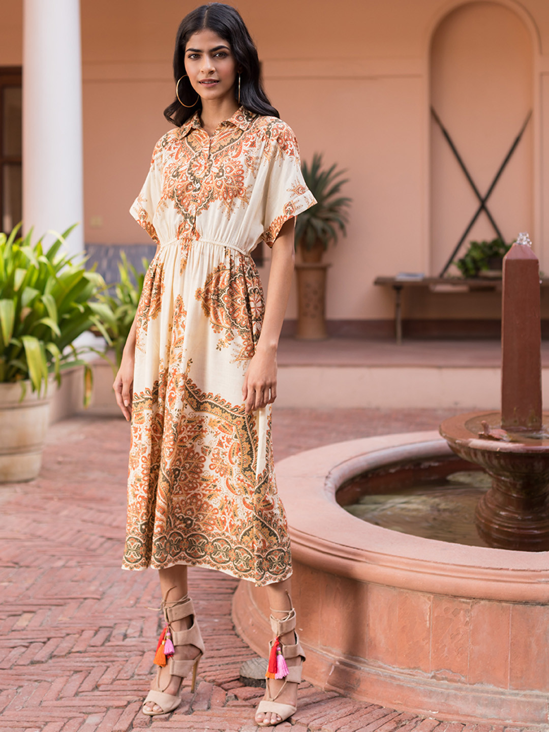 

aarke Ritu Kumar Off White & Olive Green Ethnic Motifs A-Line Midi Dress