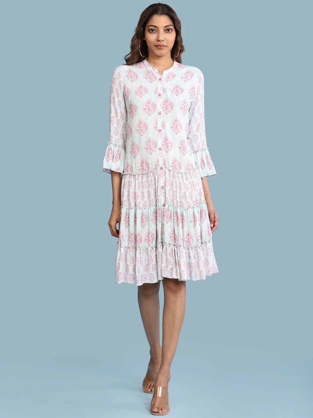 

aarke Ritu Kumar Sea Green & Pink Ethnic Motifs A-Line Midi Dress