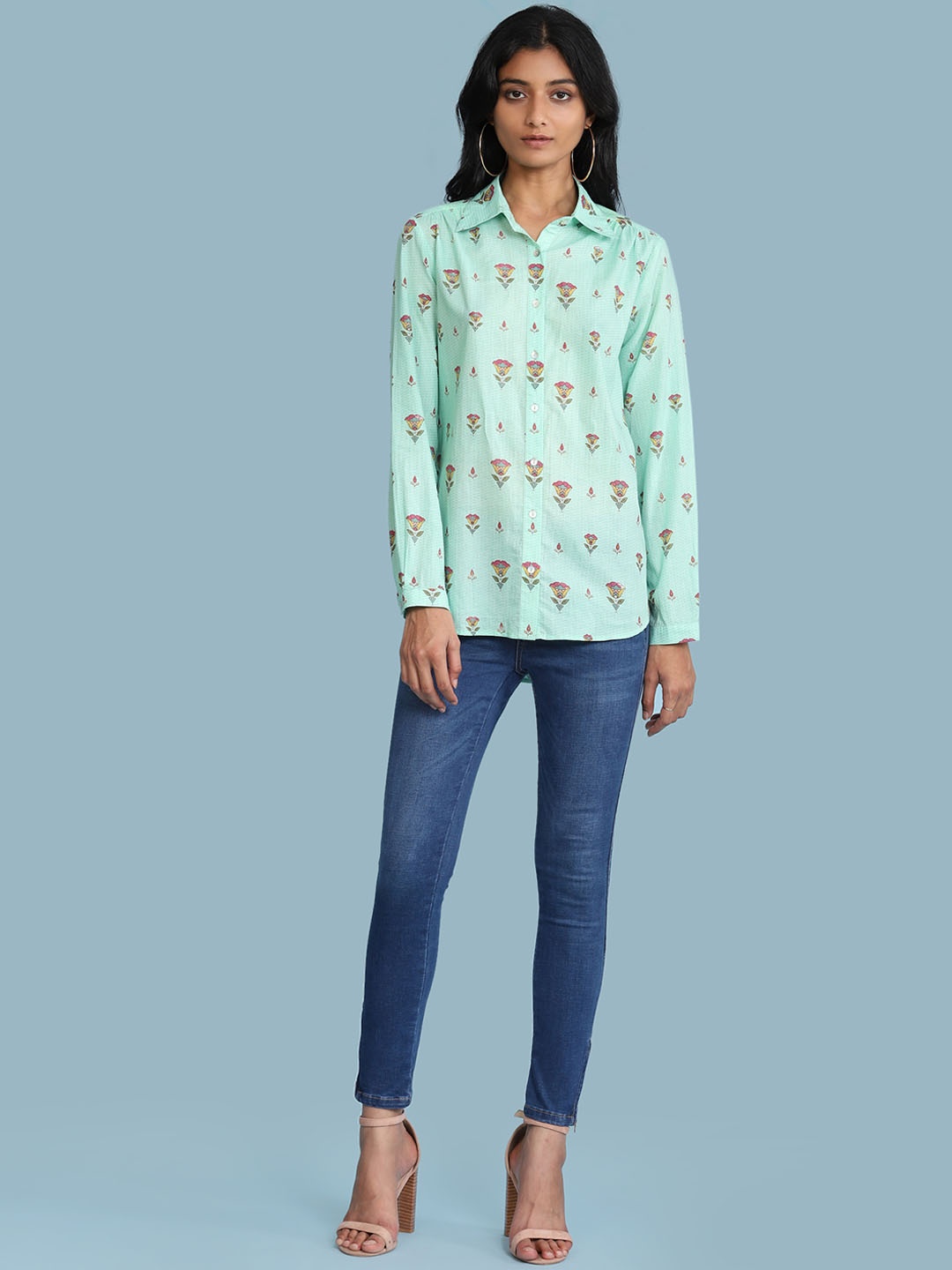 

aarke Ritu Kumar Women Turquoise Blue Floral Opaque Printed Casual Shirt