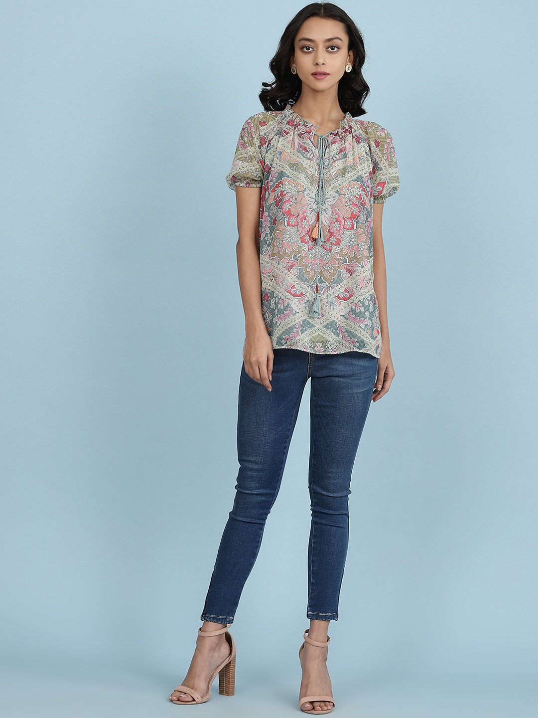 

aarke Ritu Kumar Green & Red Floral Print Tie-Up Neck Chiffon Blouson Top