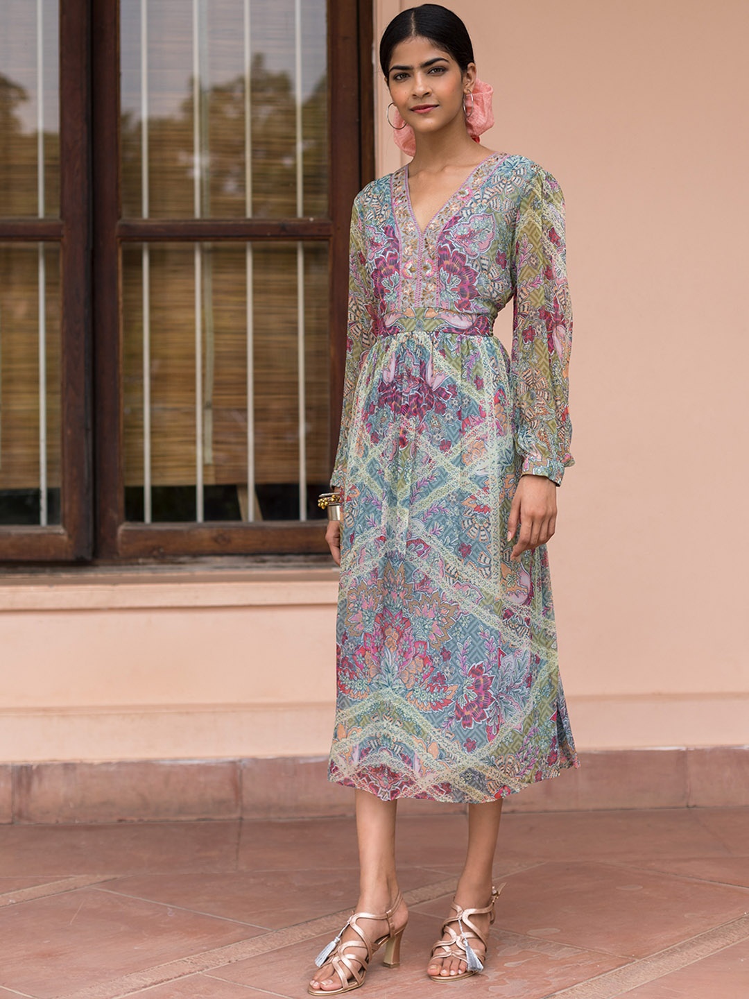 

aarke Ritu Kumar Green & Pink Floral Printed Chiffon Midi Dress