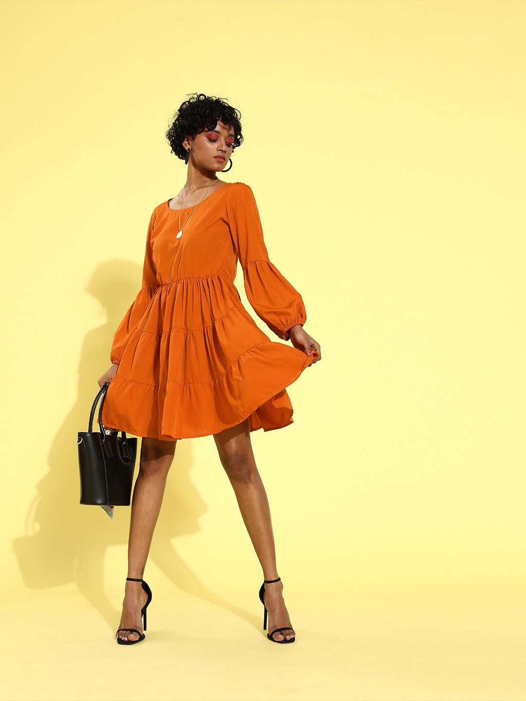 

plusS Women Attractive Orange Solid Sweetheart Neck A-Line Dress