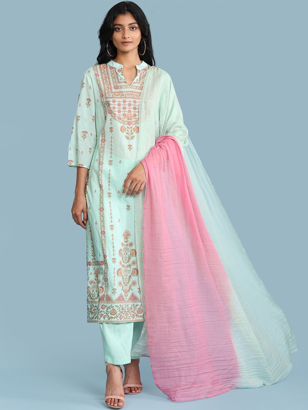 

aarke Ritu Kumar Women Turquoise Blue Floral Printed Regular Pure Cotton Kurta with Palazzos & With Dupatta