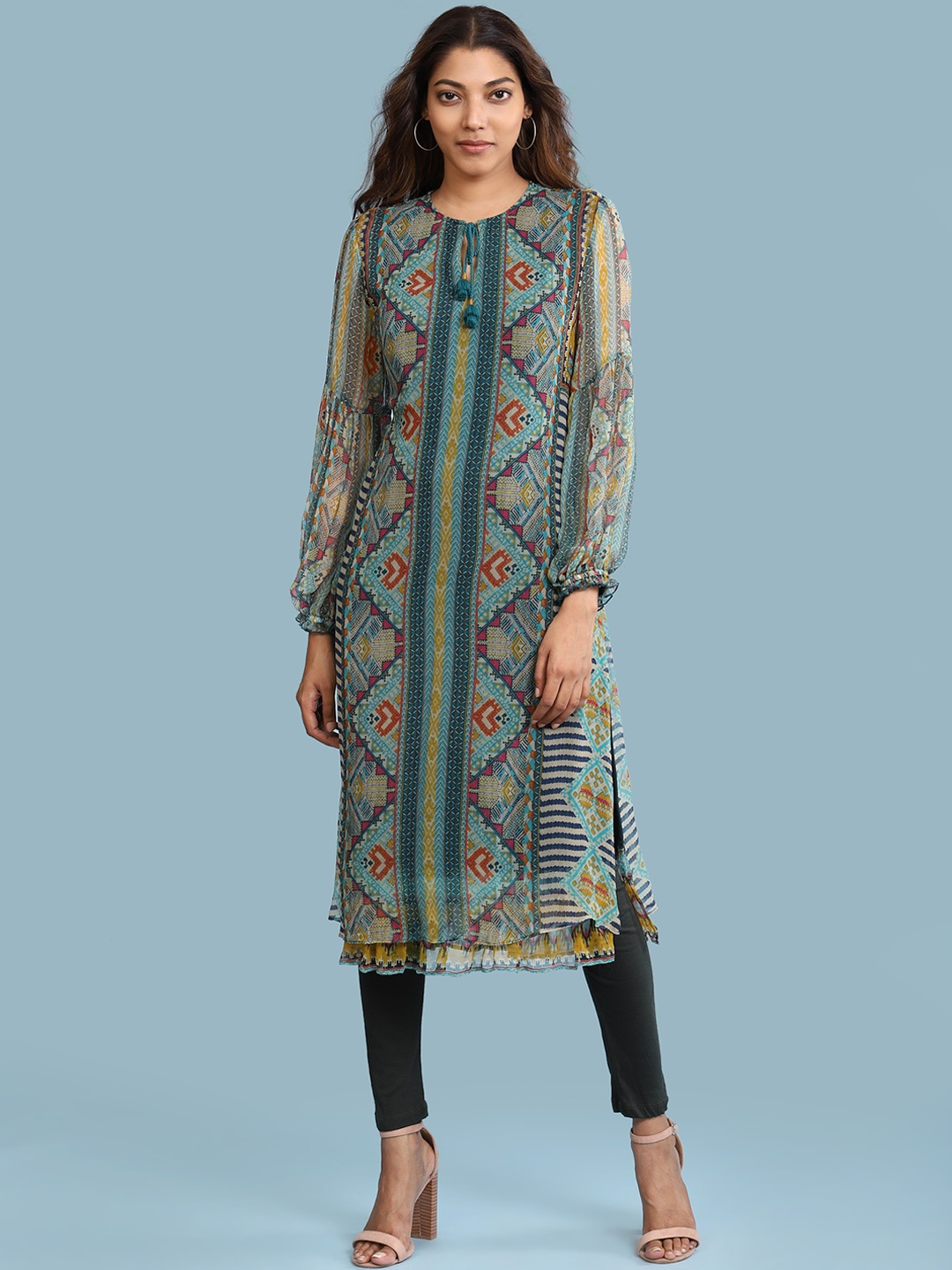 

aarke Ritu Kumar Women Blue Ethnic Motifs Printed Regular Kurta with Churidar