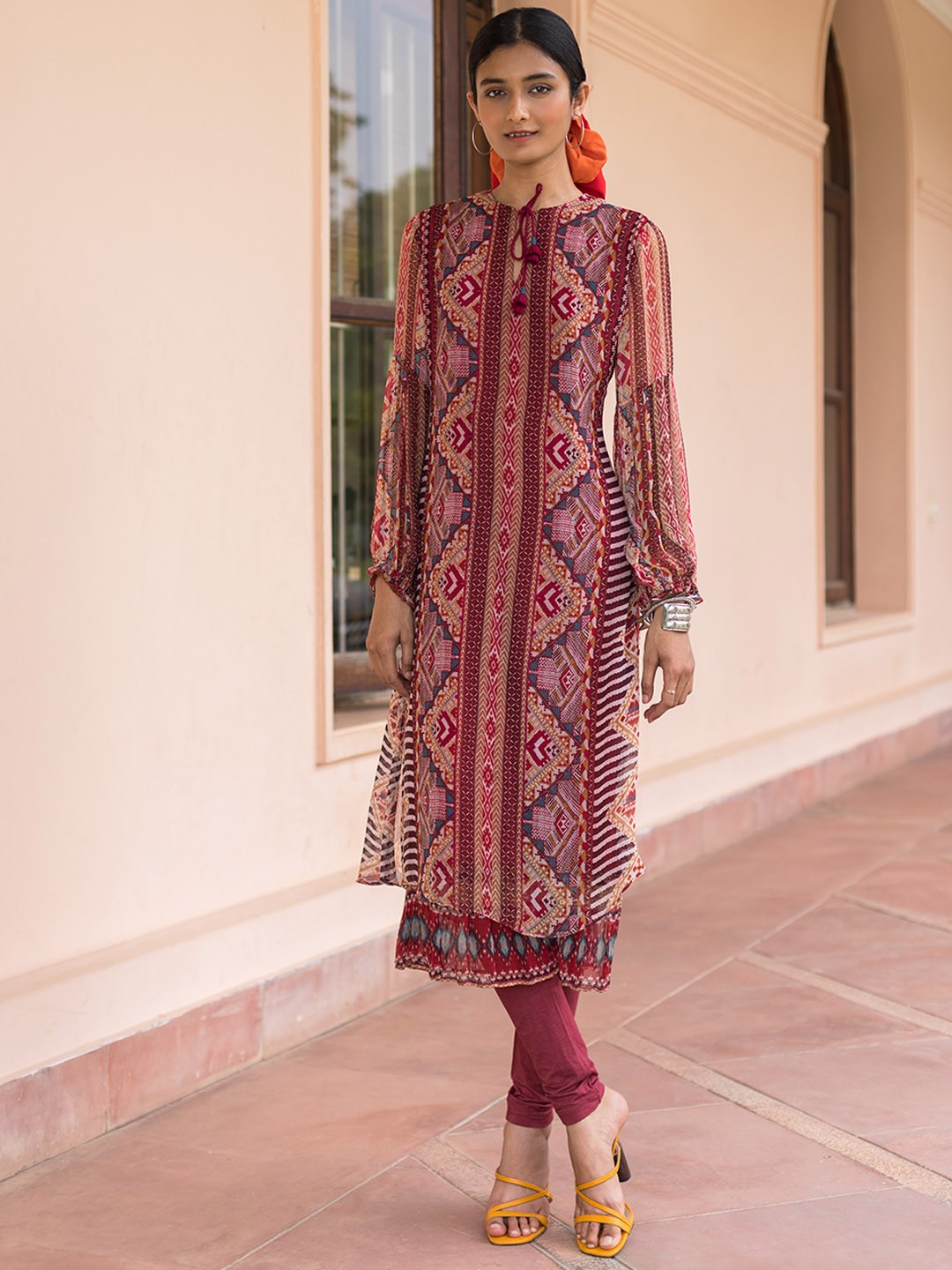 

aarke Ritu Kumar Women Red Printed Layered Kurta with Leggings