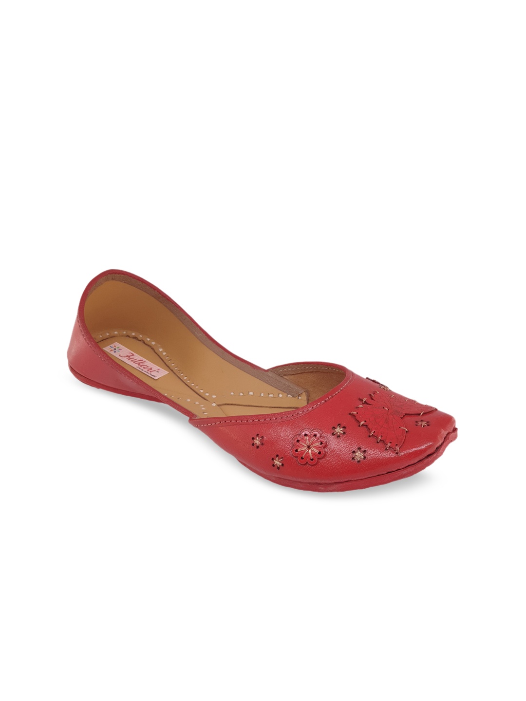 

Fulkari Women Red Embellished Mojaris with Laser Cuts Flats