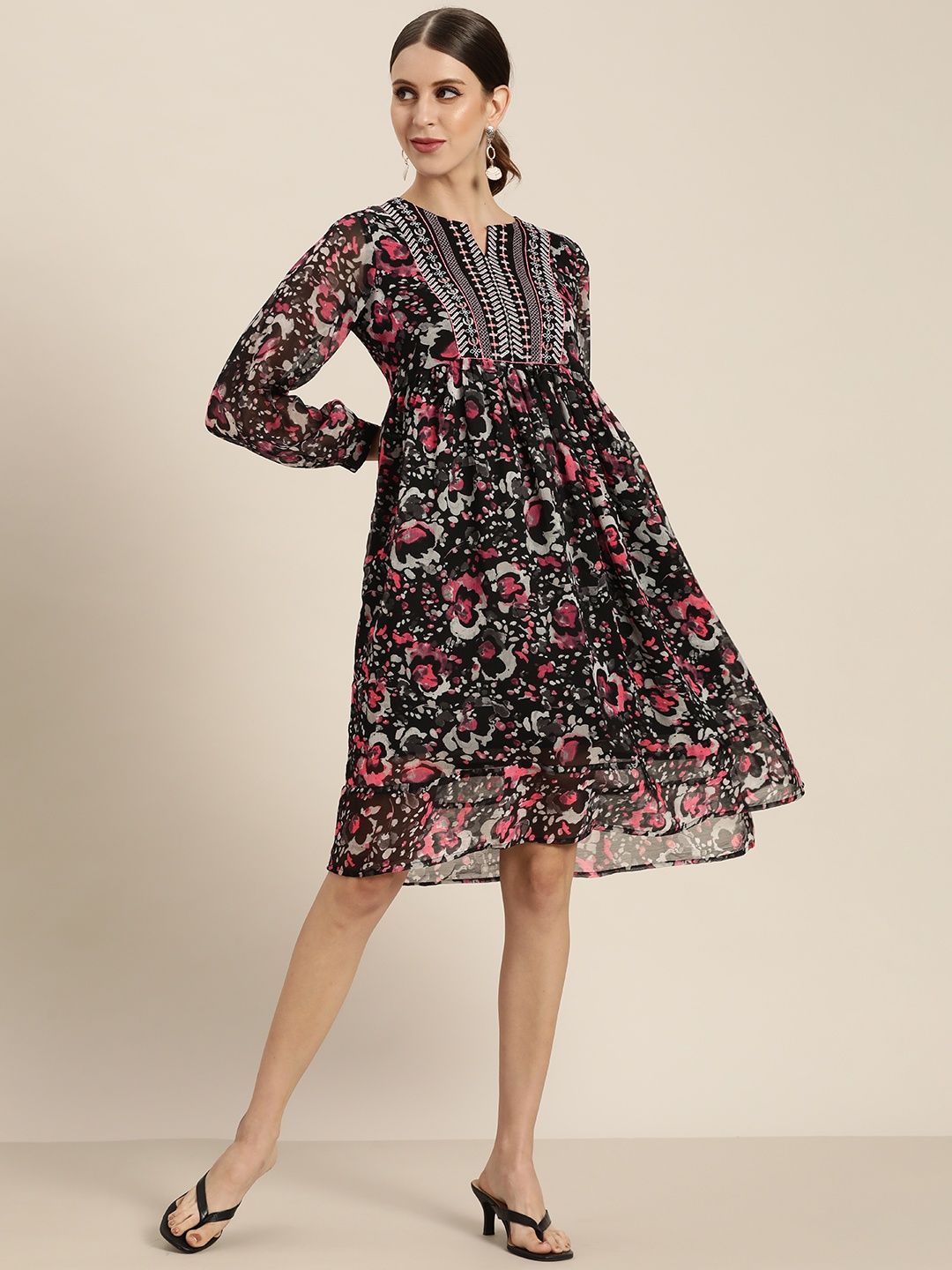 

Juniper Black & Multicoloured Floral Chiffon A-Line Dress