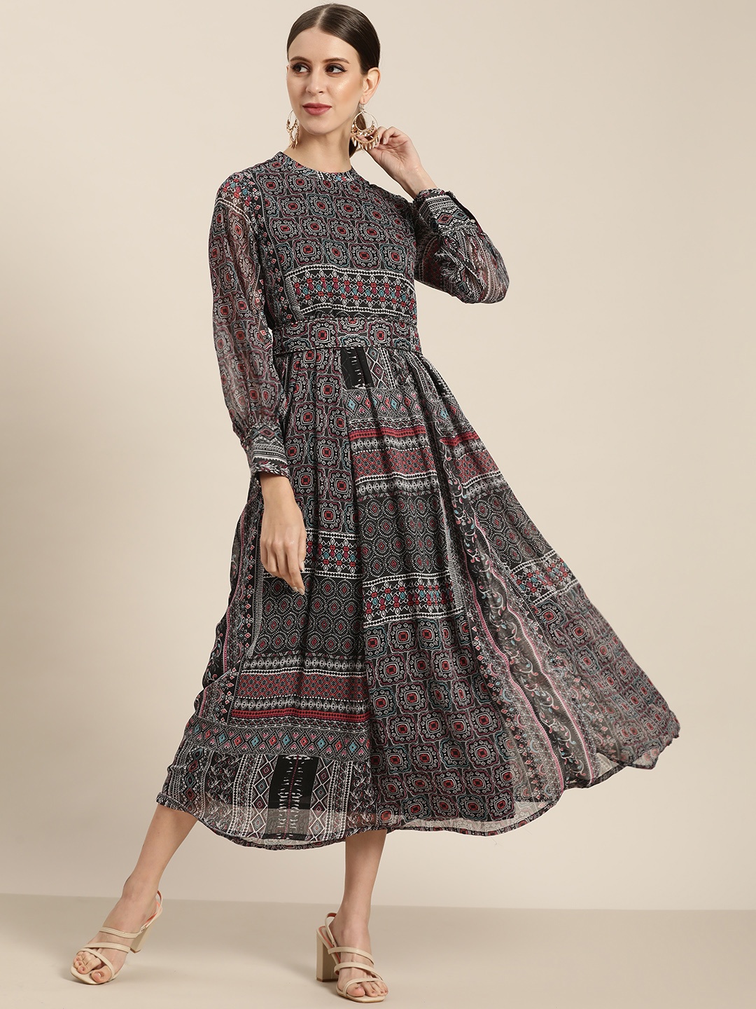 

Juniper Black & Multicoloured Ethnic Motifs Chiffon Midi Dress