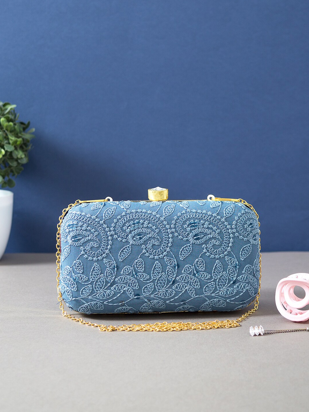 

Golden Peacock Women Navy Blue Embroidered Clutch