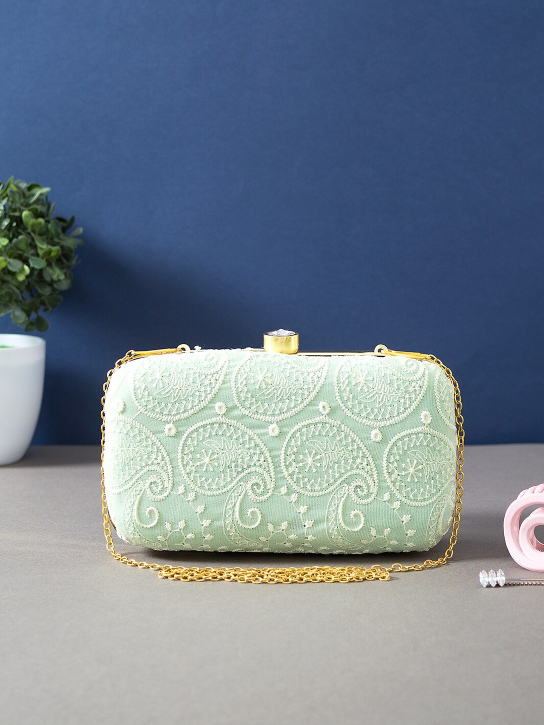 

Golden Peacock Women Sea Green & White Embroidered Box Clutch