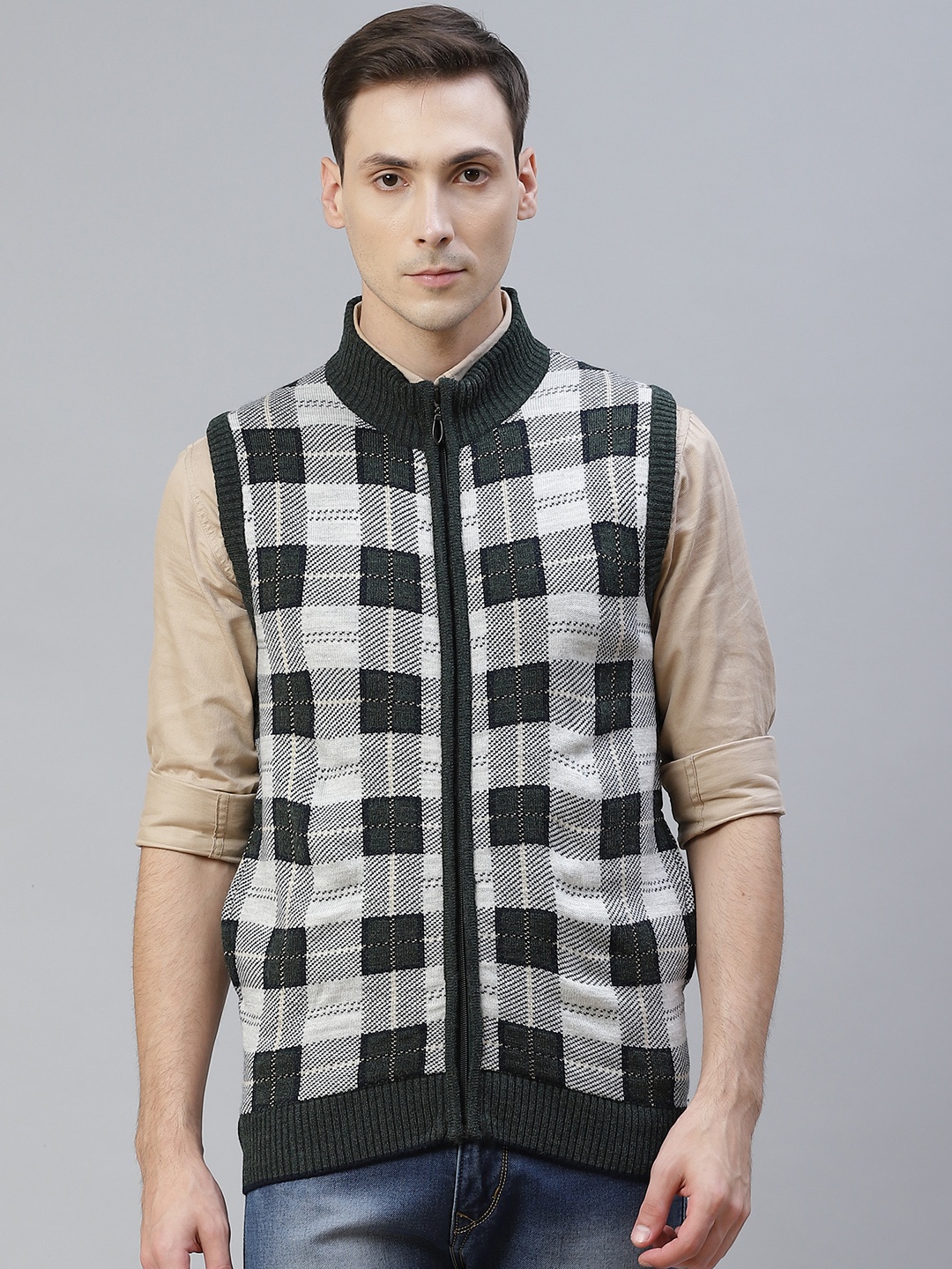 

Pierre Carlo Men Olive Green & White Checked Front-Open with Zip Detail