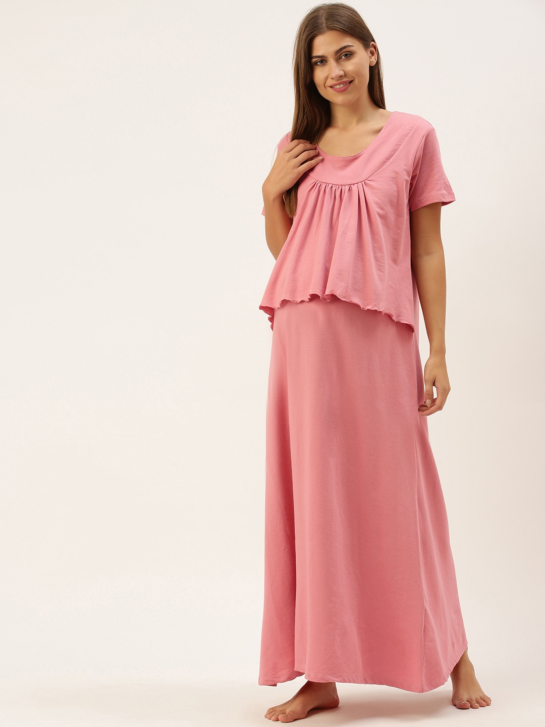 

Nejo Peach-Coloured Printed Maxi Nightdress