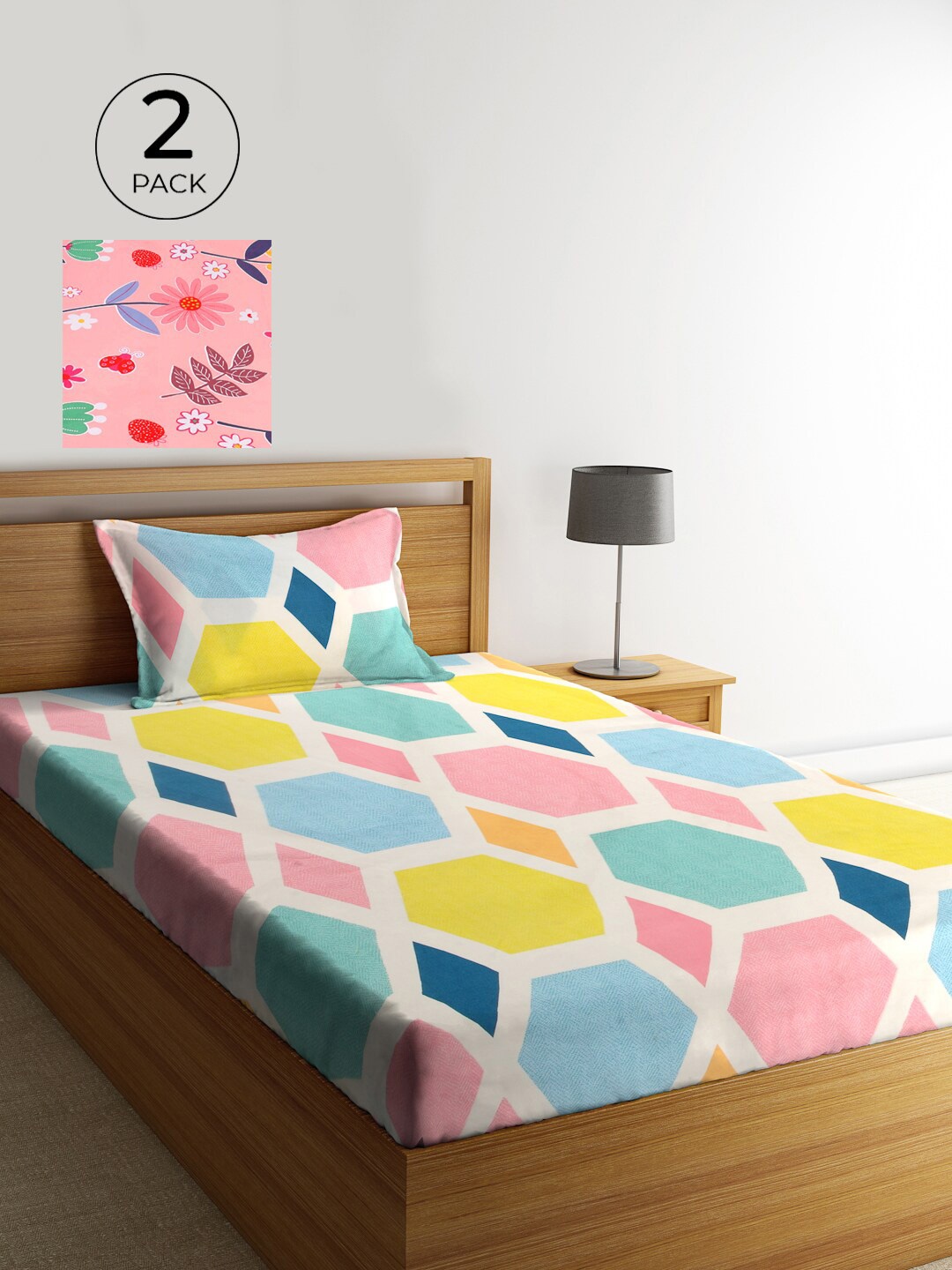 

KLOTTHE Set Of 2 Multicoloured Geometric 210 TC Single Bedsheet With 2 Pillow Covers, Multi