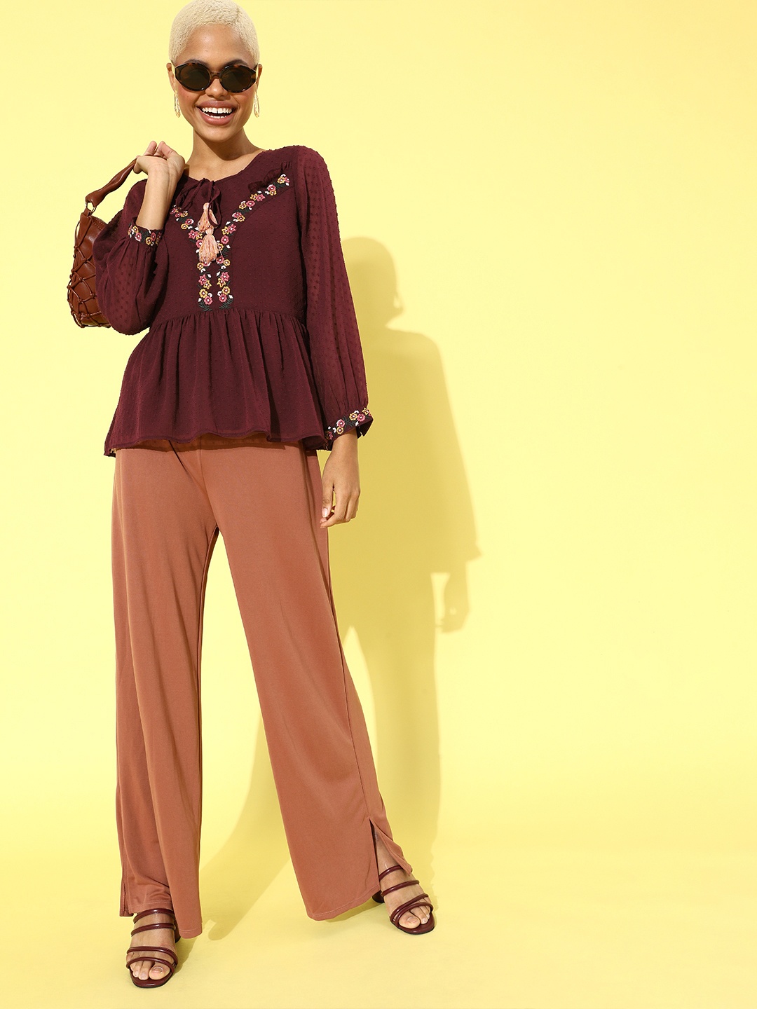 

Antheaa Women Charming Maroon Solid Lace Top