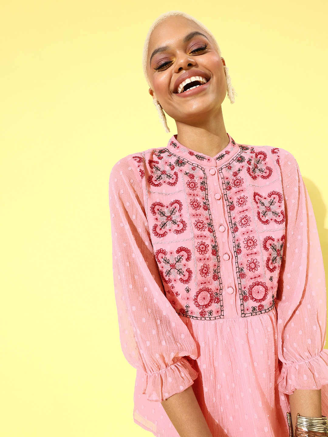

Antheaa Women Pink Ethnic Motifs Bishop Sleeves Top
