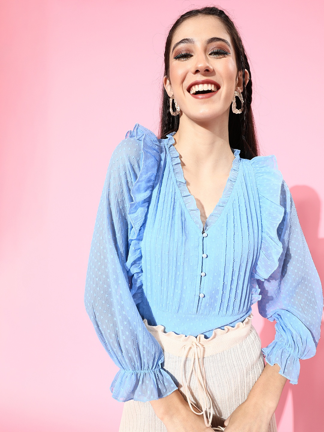 

Antheaa Women Blue Self Design Ruffle Detail Top