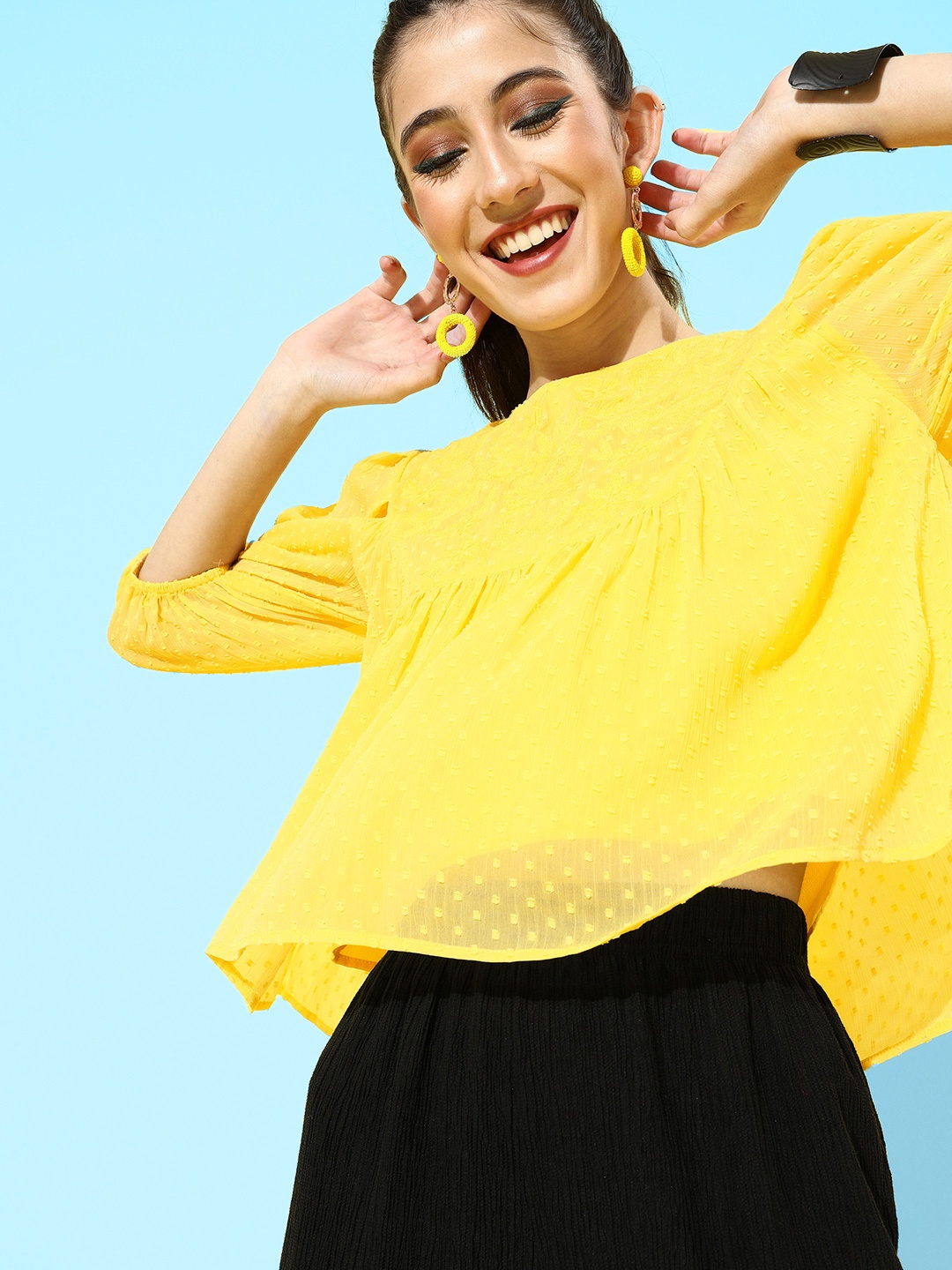 

Antheaa Women Bright Yellow Solid Lace Top