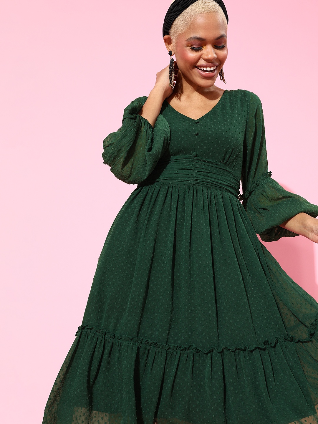 

Antheaa Green Solid Tiered Dress