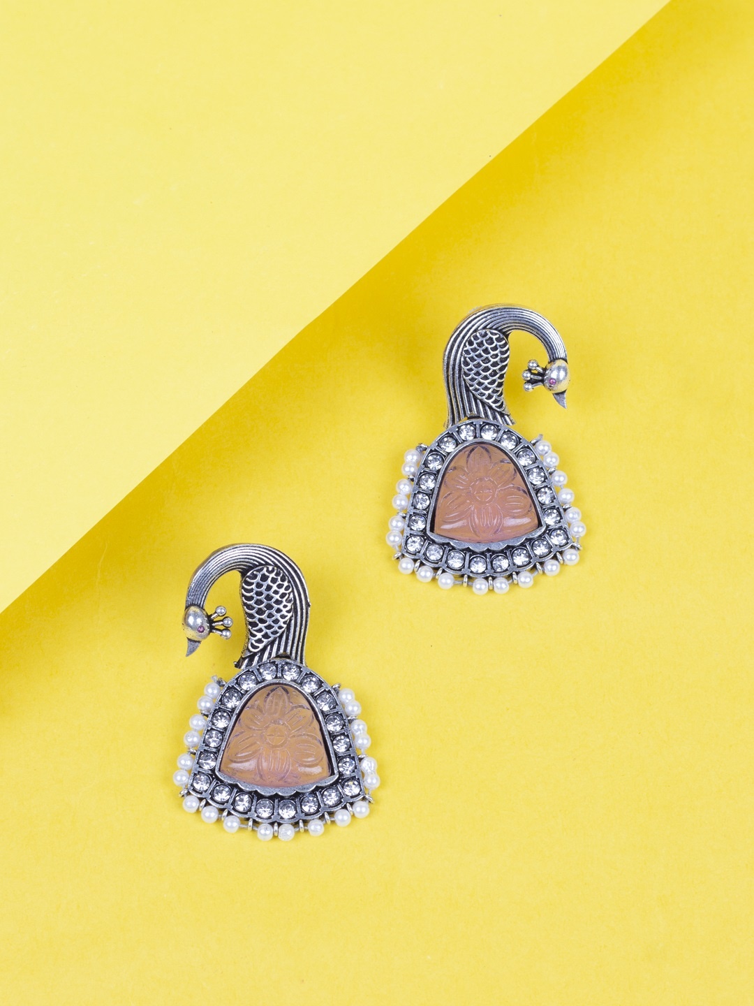 

AccessHer Pink & Off-White Oxidised Silver-Plated Enamelled Beaded Drop Earrings