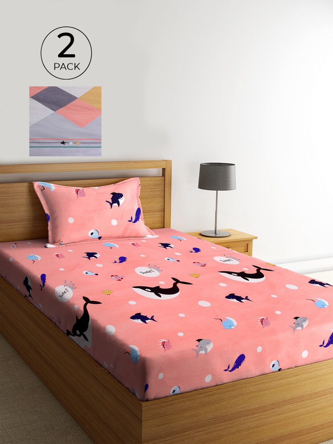 

KLOTTHE Set Of 2 Multicoloured Graphic 210 TC Single Bedsheet With 2 Pillow Covers, Multi