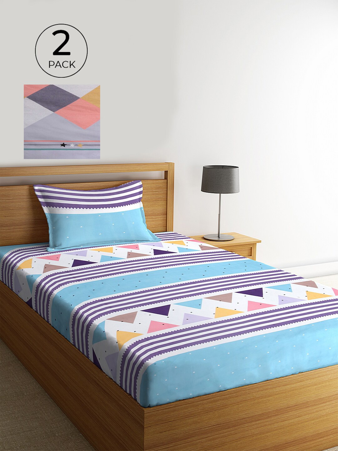 

KLOTTHE Set Of 2 Multicoloured Geometric 210 TC Single Bedsheet With 2 Pillow Covers, Multi