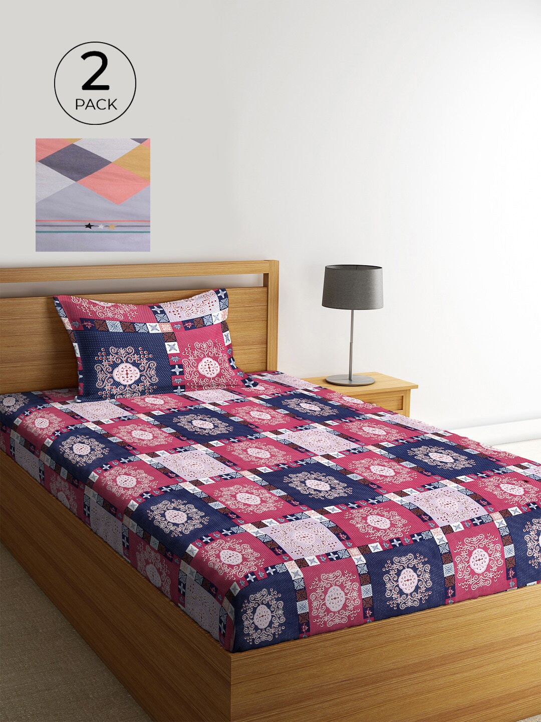 

KLOTTHE Set Of 2 Multicoloured Geometric 210 TC Single Bedsheet With 2 Pillow Covers, Multi