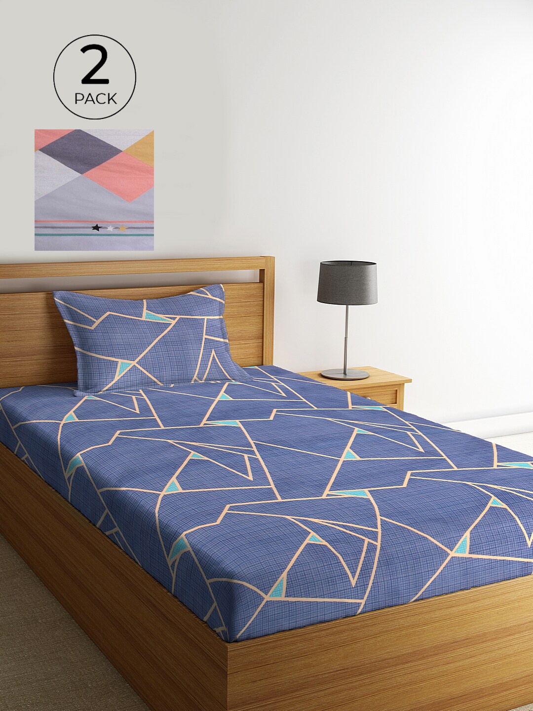 

KLOTTHE Set Of 2 Multicoloured Geometric 210 TC Single Bedsheet With 2 Pillow Covers, Multi