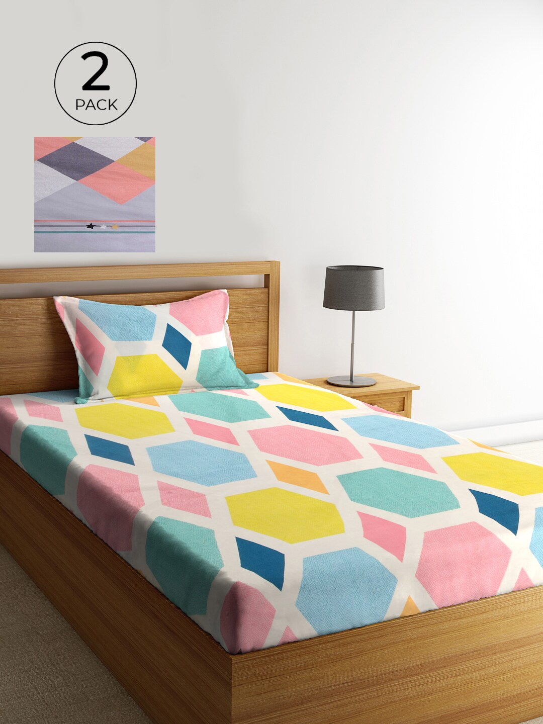 

KLOTTHE Set Of 2 Multicoloured Geometric 210 TC Single Bedsheet With 2 Pillow Covers, Multi