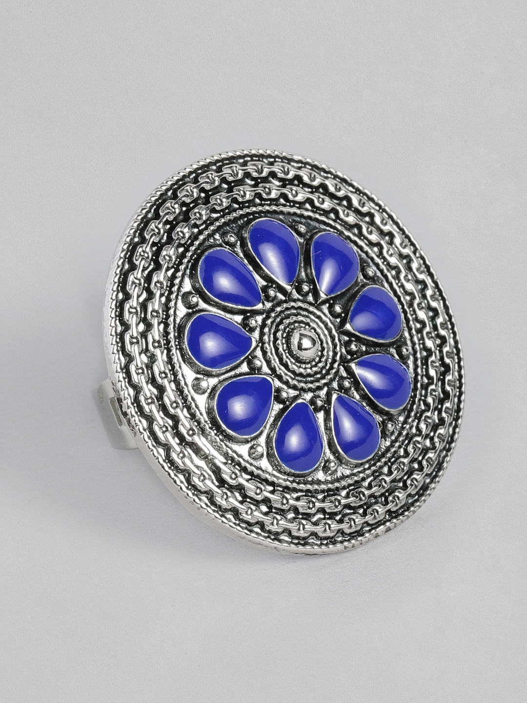 

AccessHer Blue Oxidised Silver-Plated Enamelled Circular Finger Ring