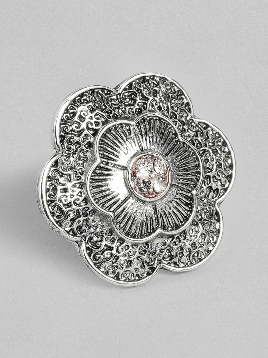 

AccessHer Oxidised Silver-Plated Floral Finger Ring