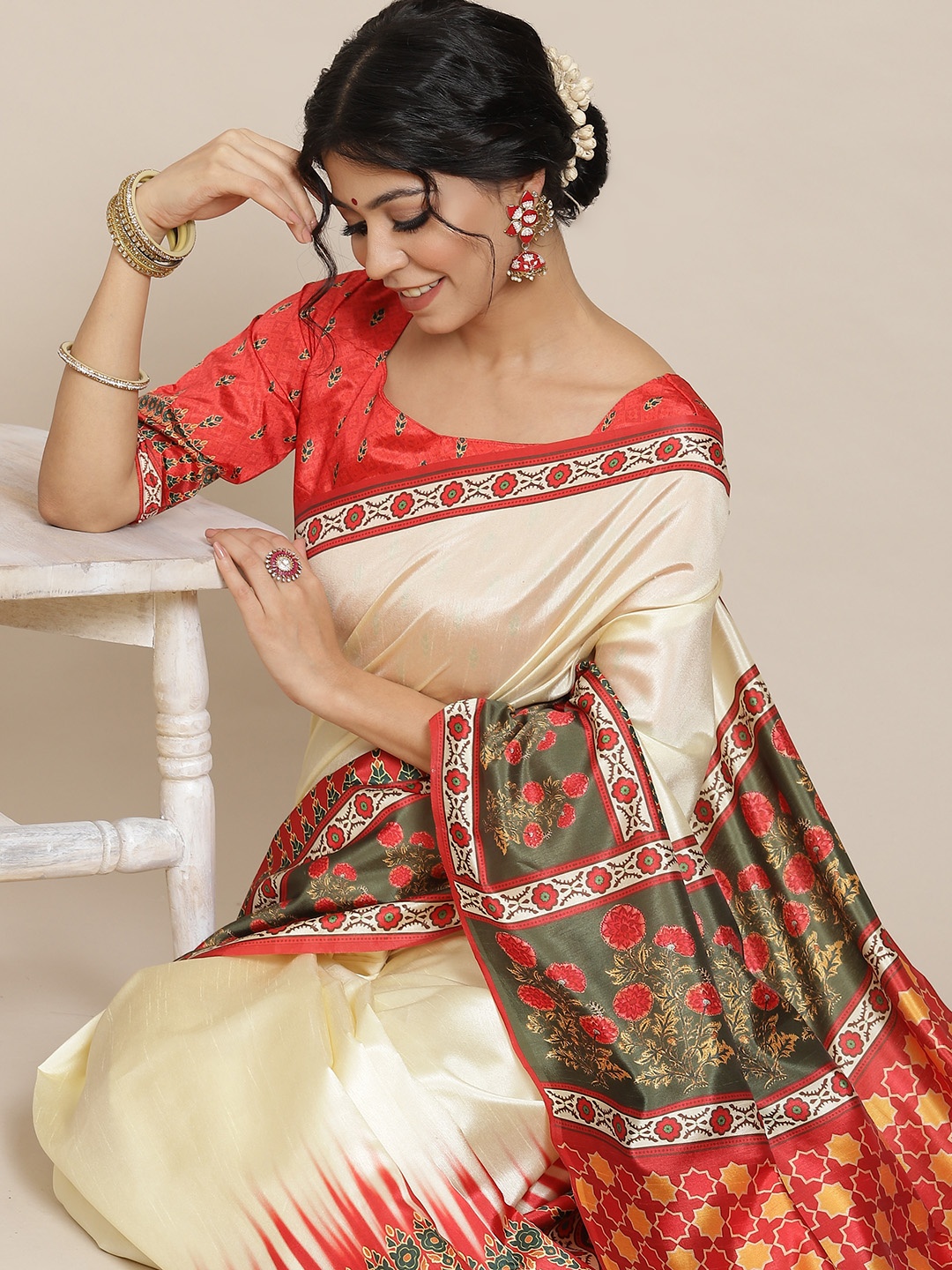 

Mitera Off White & Red Checked Silk Blend Saree