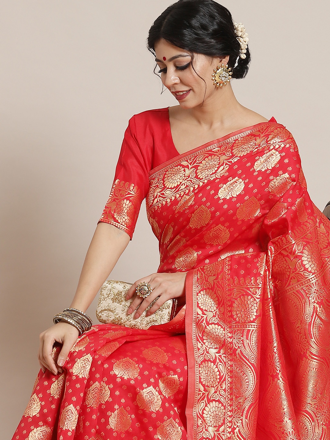

Mitera Red Floral Silk Blend Banarasi Ethnic Woven Design Saree