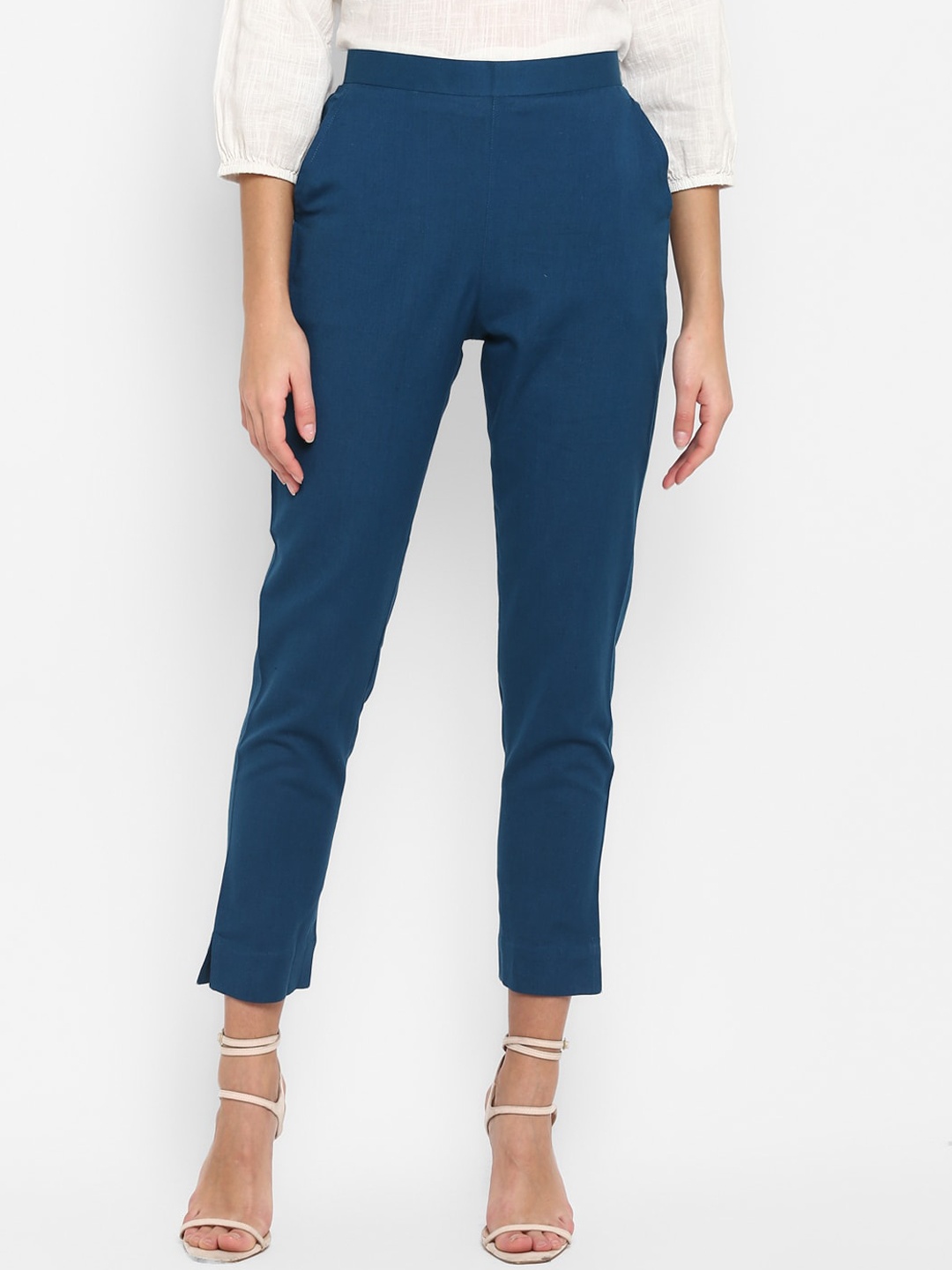 

Janasya Women Turquoise Blue Pure Cotton Cigerette Trousers