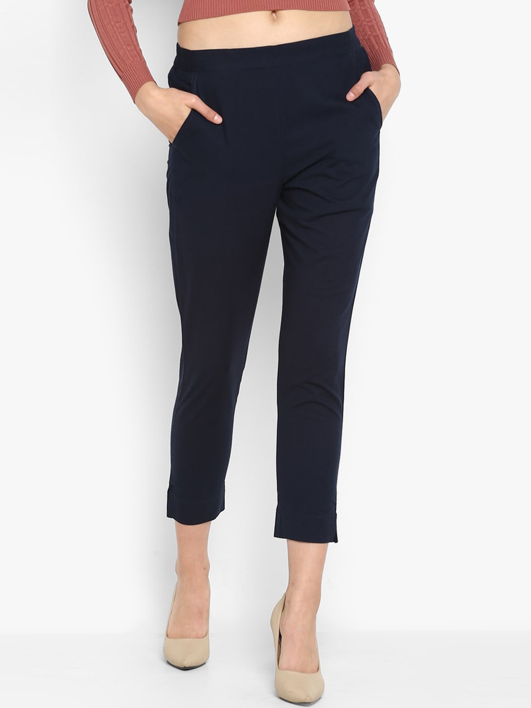 

Janasya Women Navy Blue Pure Cotton Cigerette Trousers