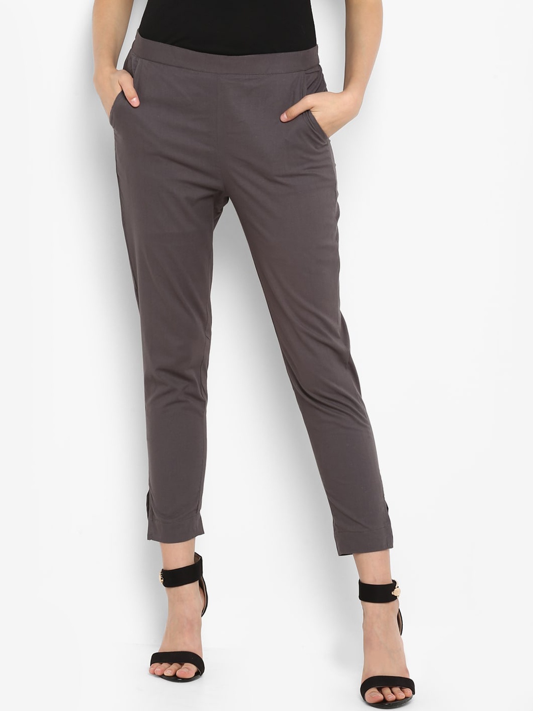 

Janasya Women Grey Pure Cotton Cigerette Trousers