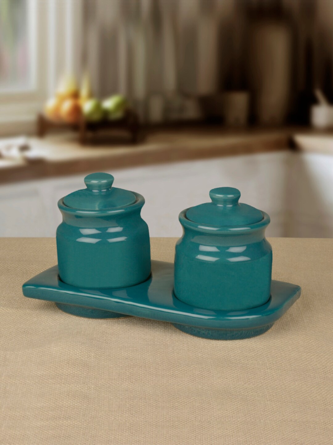 

StyleMyWay Set Of 2 Teal Blue Solid Ceramic Jar With Lid & Tray