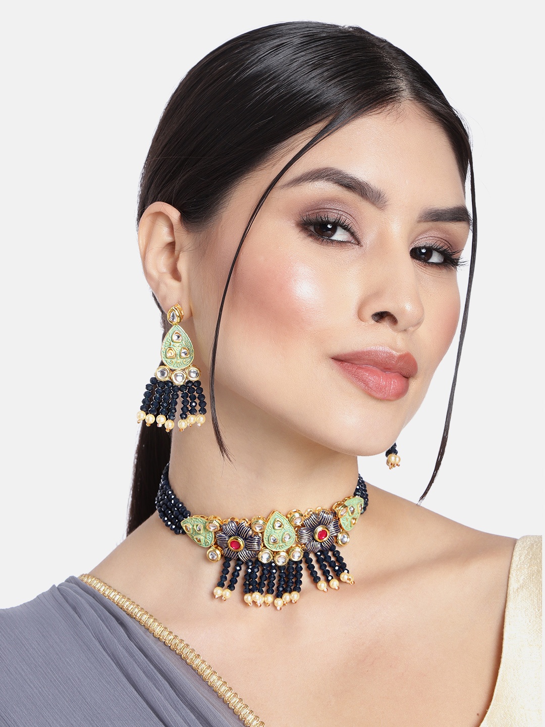 

AccessHer Black Gold-Plated Enamelled Kundan Studded Jewellery Set