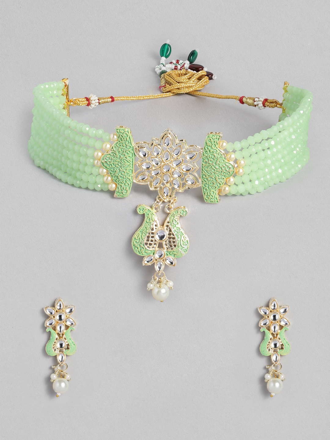 

AccessHer Mint Green & White Gold-Plated Kundan-Studded & Beaded Jewellery Set