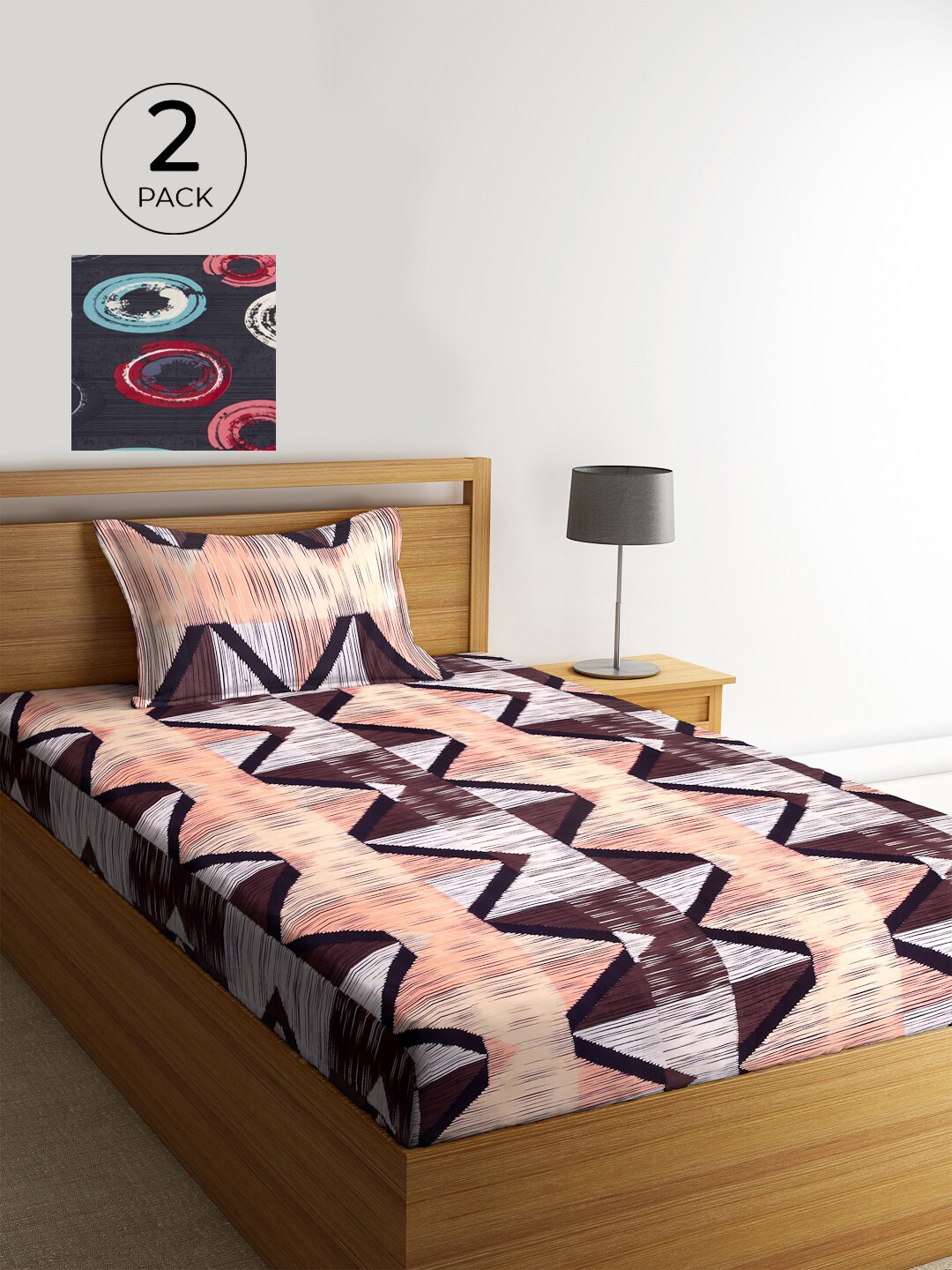 

KLOTTHE Grey & Brown Set Of 2 Geometric 210 TC Single Bedsheet with 2 Pillow Covers