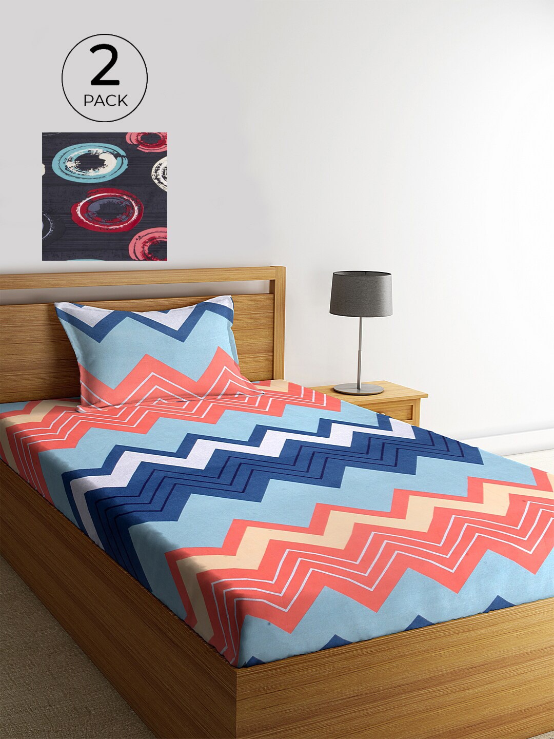 

KLOTTHE Grey & Blue Set Of 2 Geometric 210 TC Single Bedsheet with 2 Pillow Covers