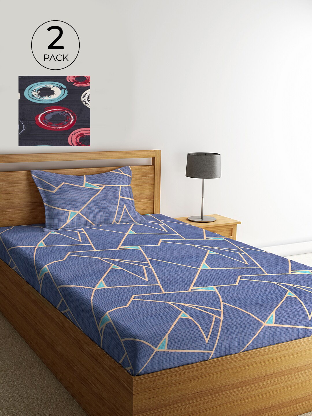 

KLOTTHE Blue & Grey Set Of 2 Geometric 210 TC Single Bedsheet with 2 Pillow Covers